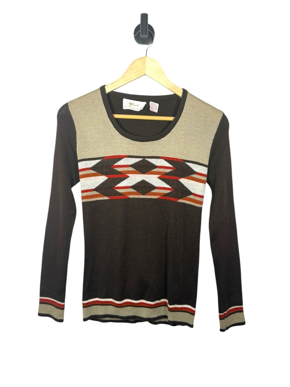 Vintage Tami Knit Sweater Womens XS Brown Geometric Acrylic Hong Kong